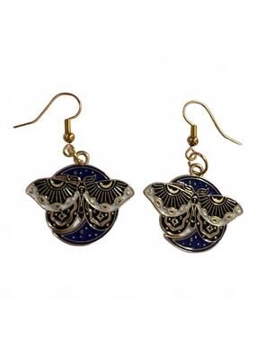 Handmade Gold and Blue Moon Moth Earrings
